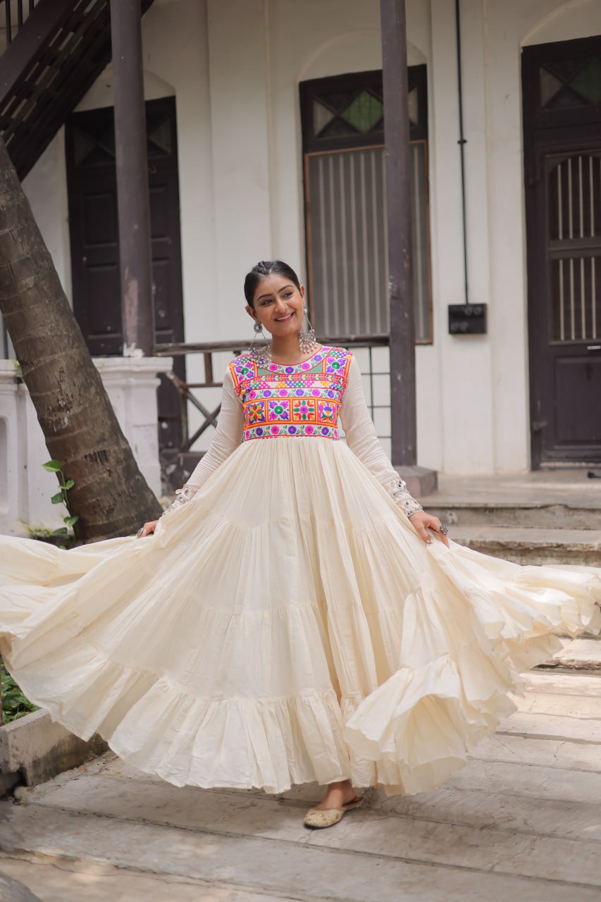 Womenline Off White Color Kora Cotton Navratri Gown