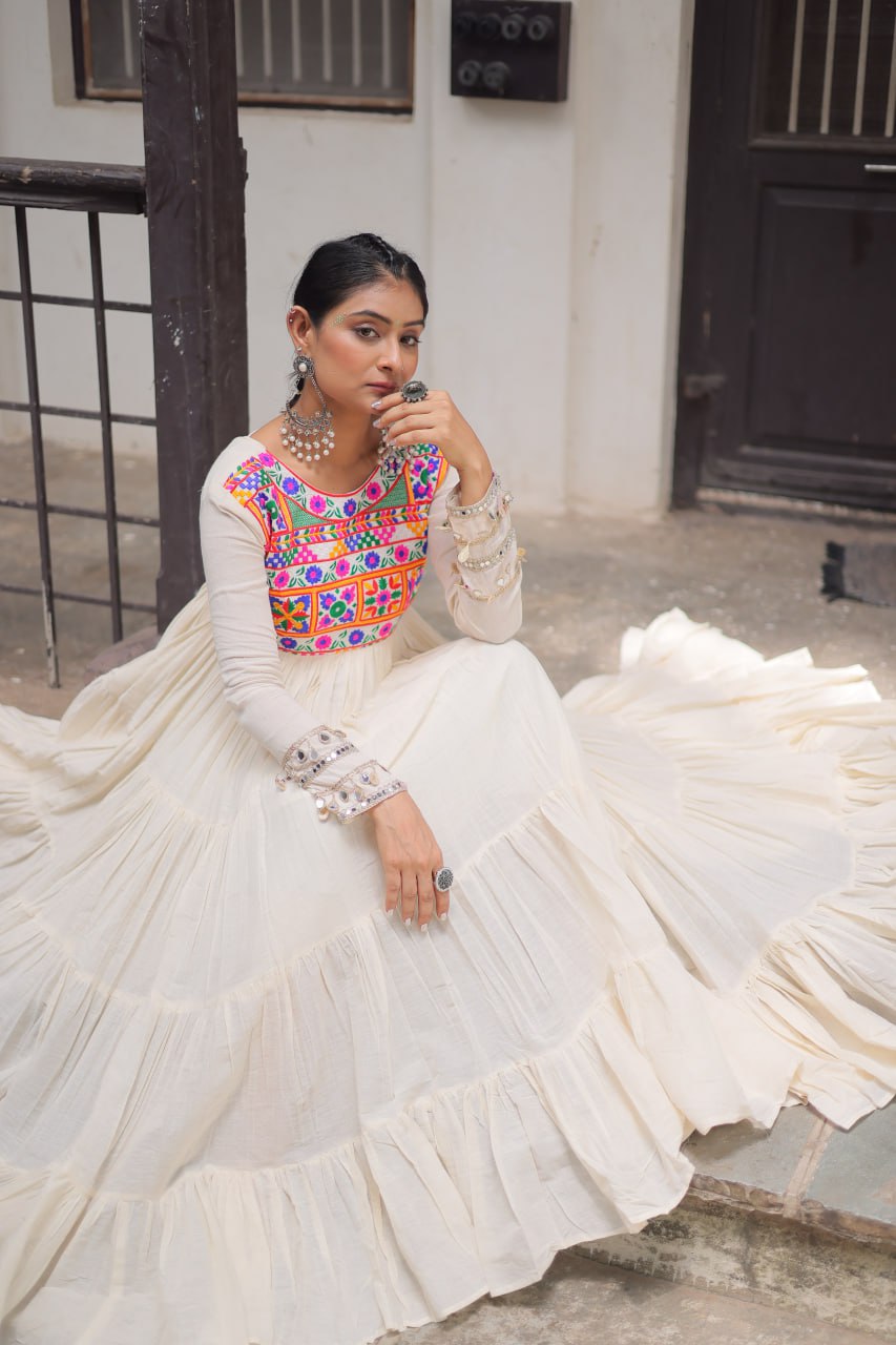 Womenline Off White Color Kora Cotton Navratri Gown