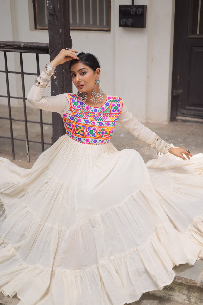 Womenline Off White Color Kora Cotton Navratri Gown
