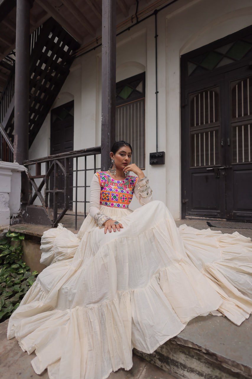 Womenline Off White Color Kora Cotton Navratri Gown