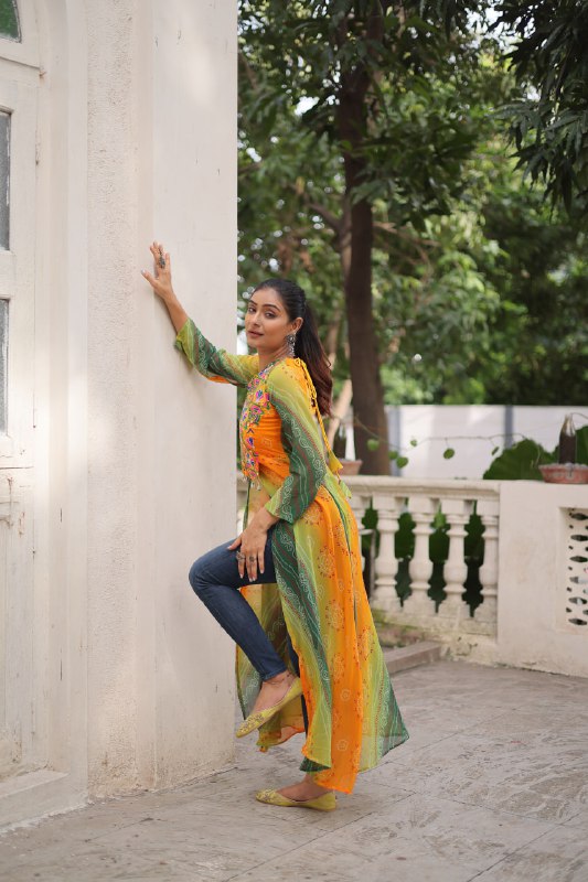 Womenline Yellow And Green Color Bandhani Print work Navratri Kurti