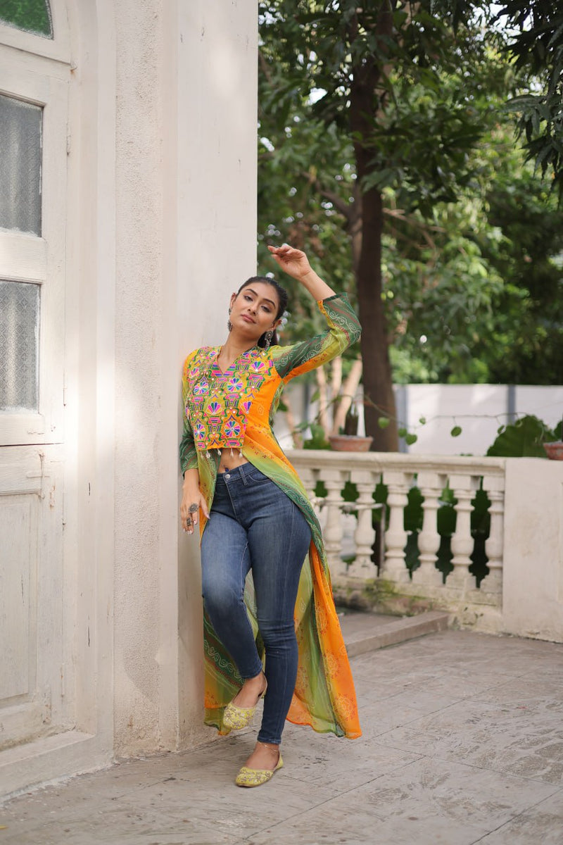 Womenline Yellow And Green Color Bandhani Print work Navratri Kurti