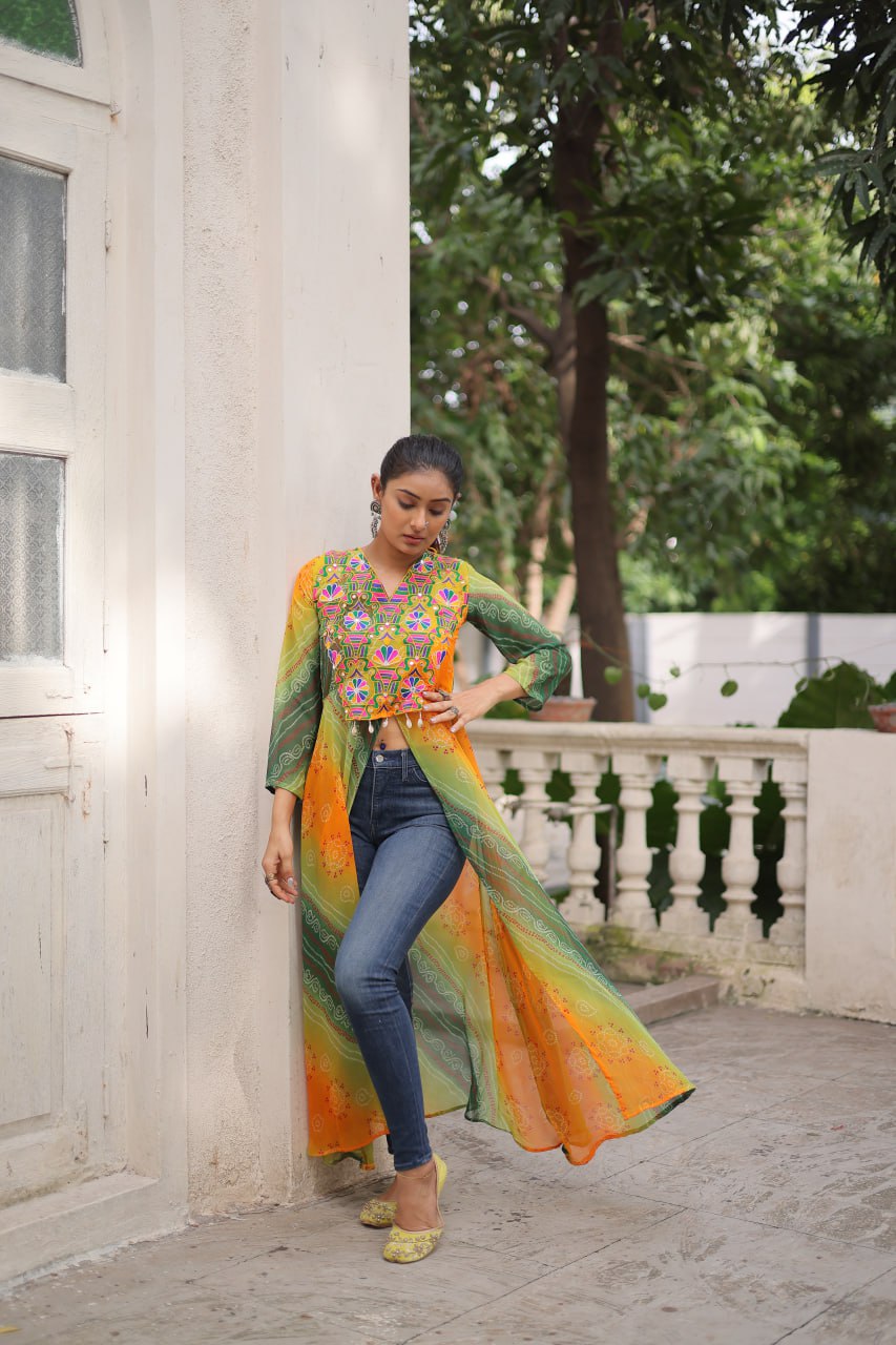 Womenline Yellow And Green Color Bandhani Print work Navratri Kurti