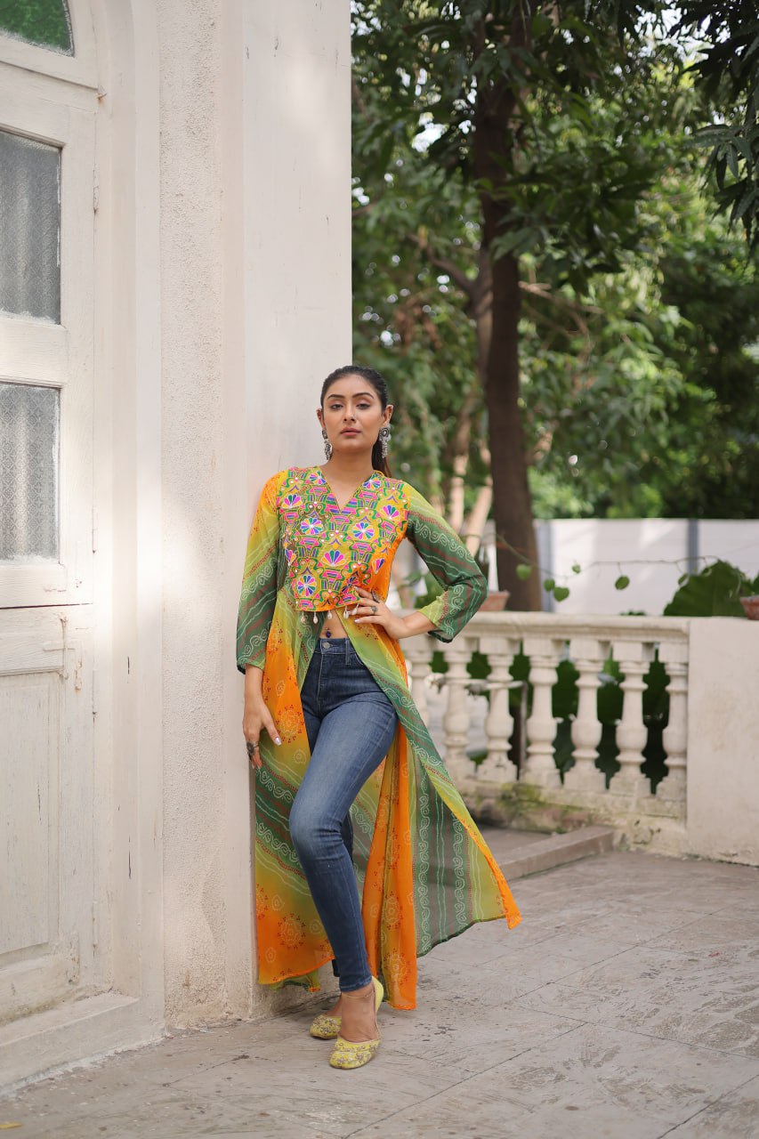 Womenline Yellow And Green Color Bandhani Print work Navratri Kurti