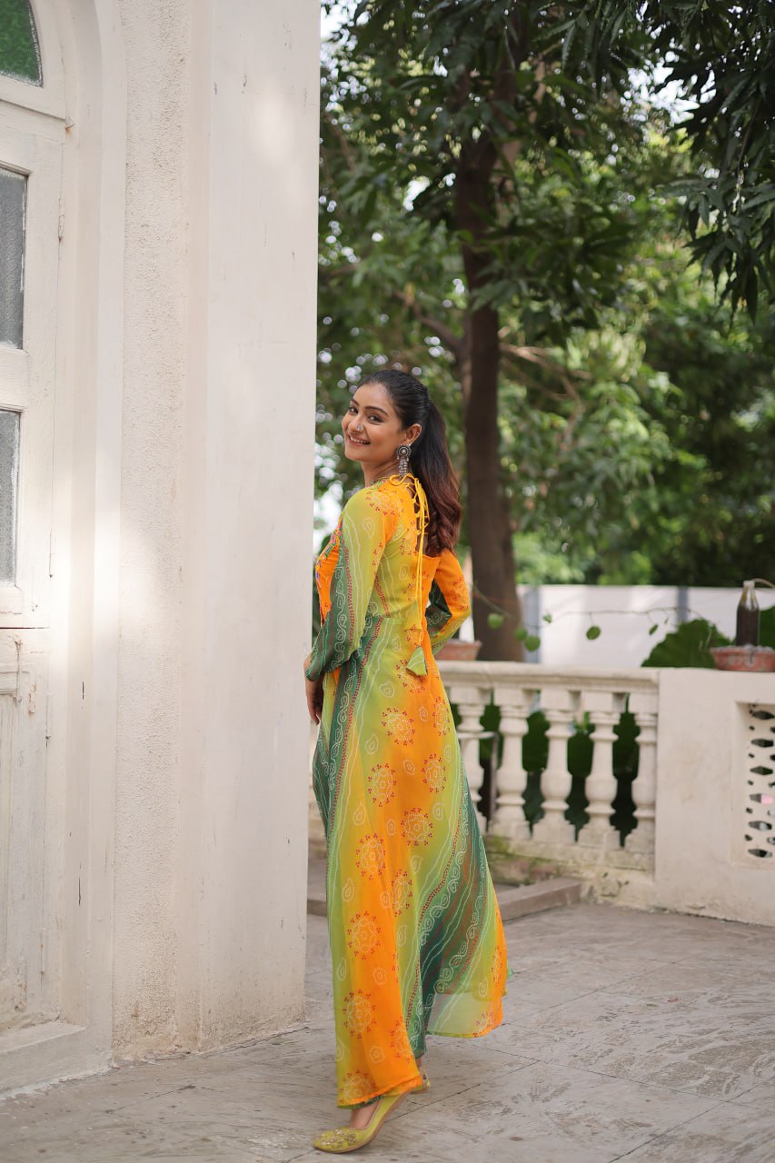 Womenline Yellow And Green Color Bandhani Print work Navratri Kurti