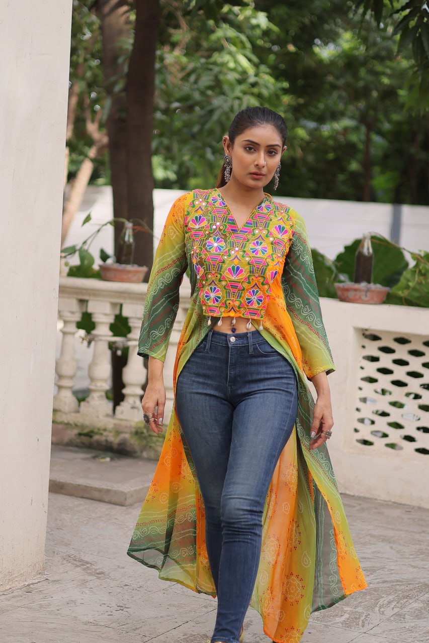 Womenline Yellow And Green Color Bandhani Print work Navratri Kurti