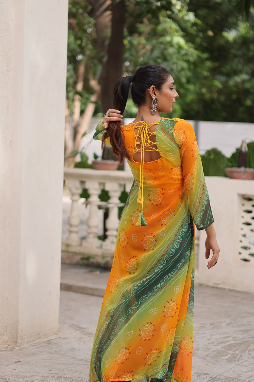 Womenline Yellow And Green Color Bandhani Print work Navratri Kurti