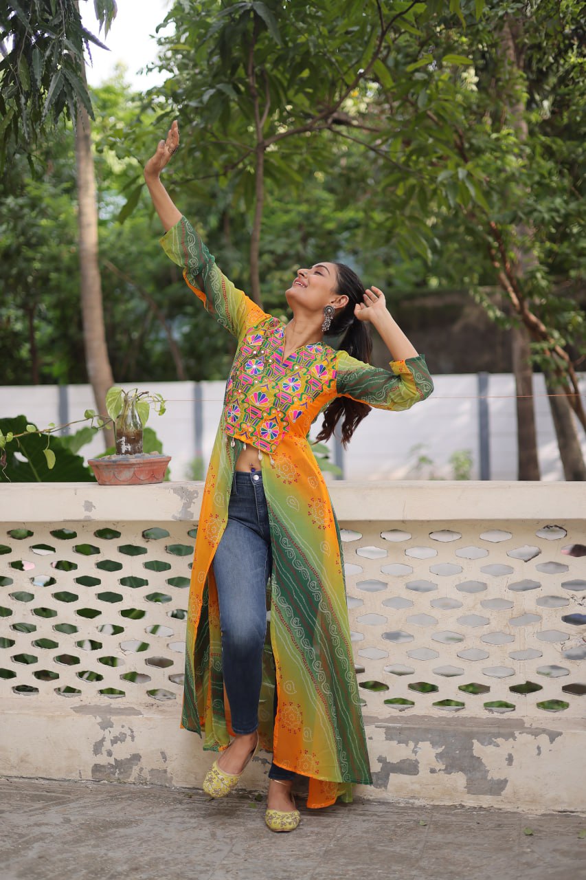 Womenline Yellow And Green Color Bandhani Print work Navratri Kurti