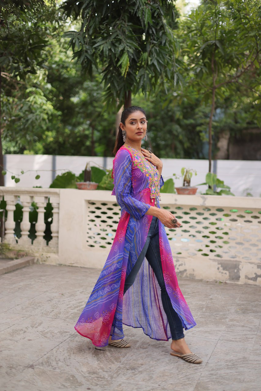 Womenline Purpal And Pink Color Bandhani Print Navratri Kurti