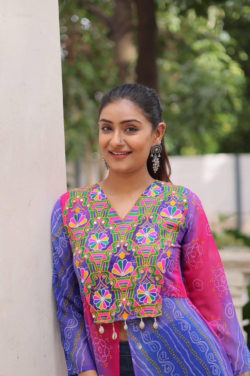 Womenline Purpal And Pink Color Bandhani Print Navratri Kurti