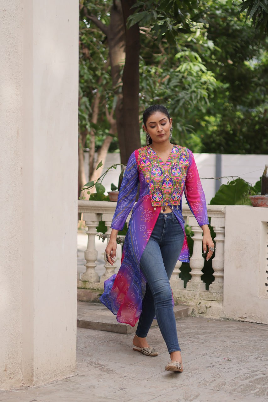 Womenline Purpal And Pink Color Bandhani Print Navratri Kurti