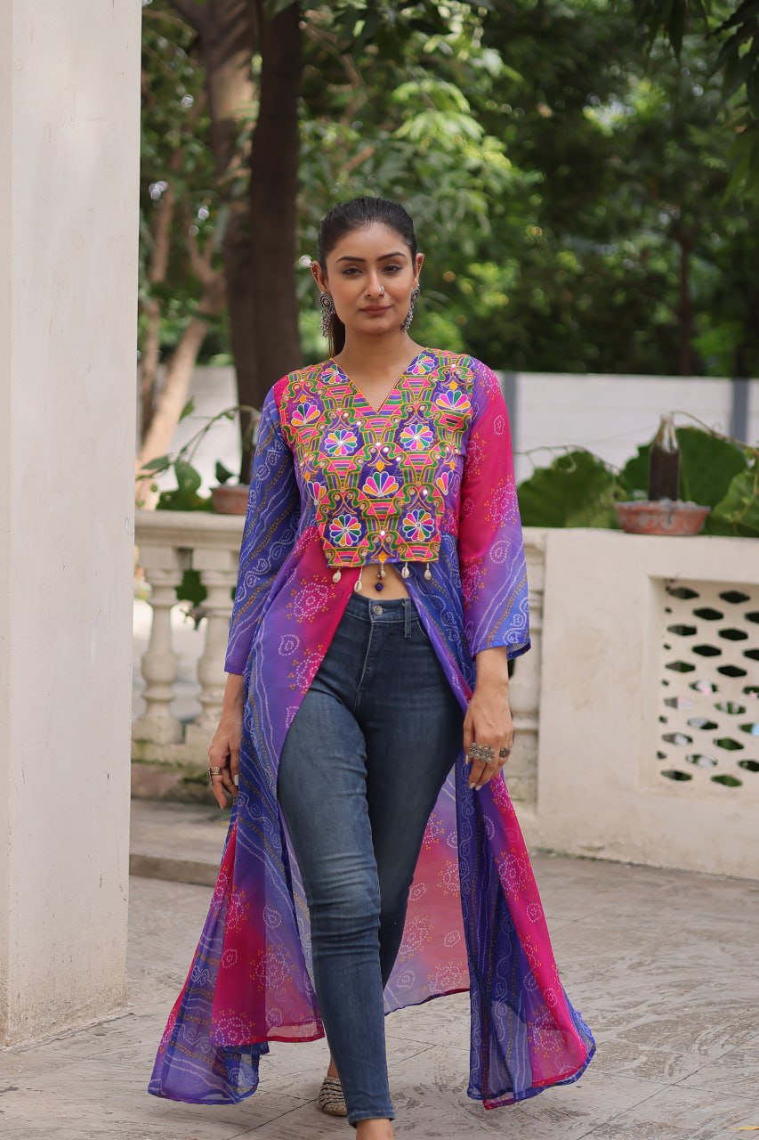 Womenline Purpal And Pink Color Bandhani Print Navratri Kurti