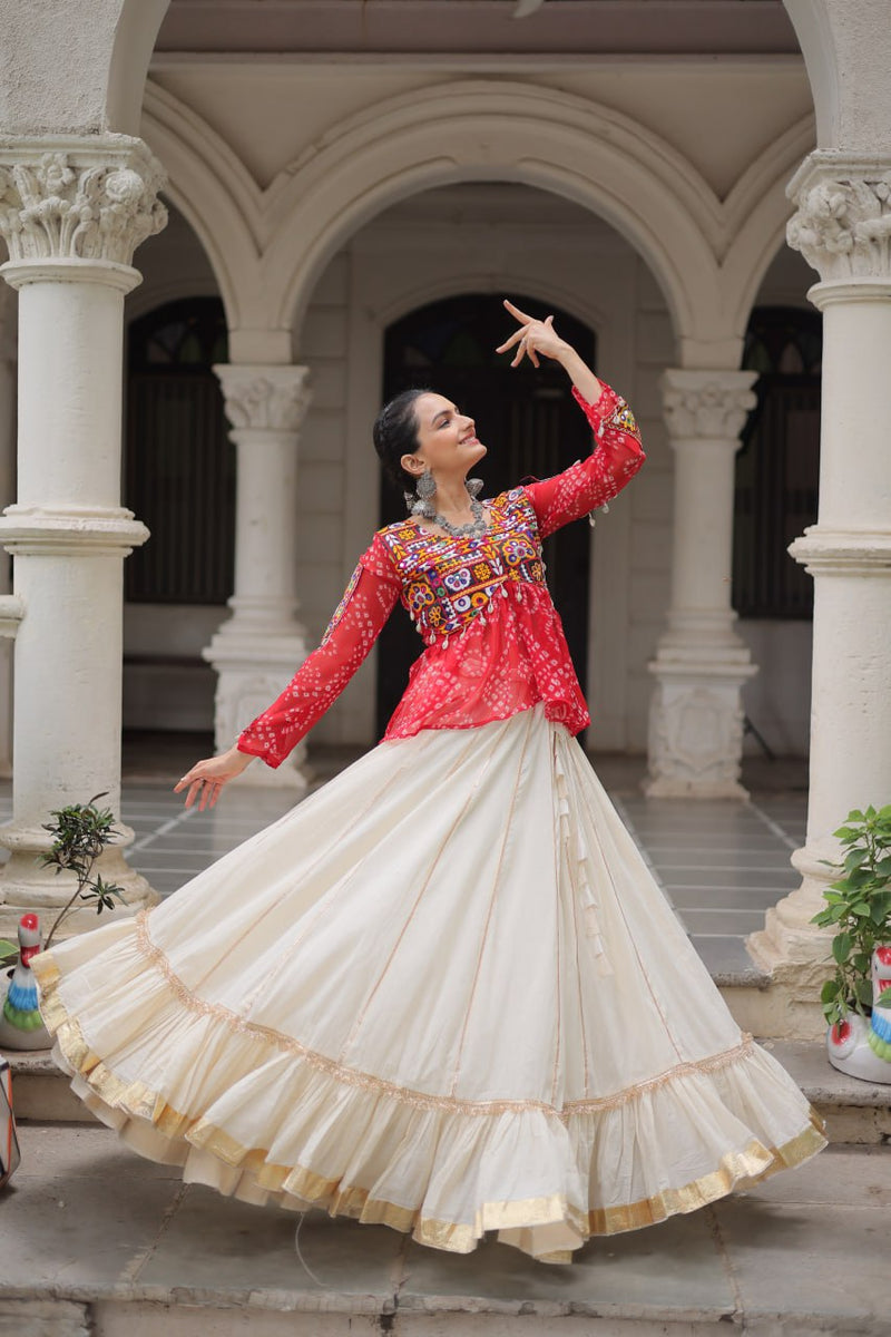 Womenline Red Color Kora Cotton Navratri Lehenga Choli