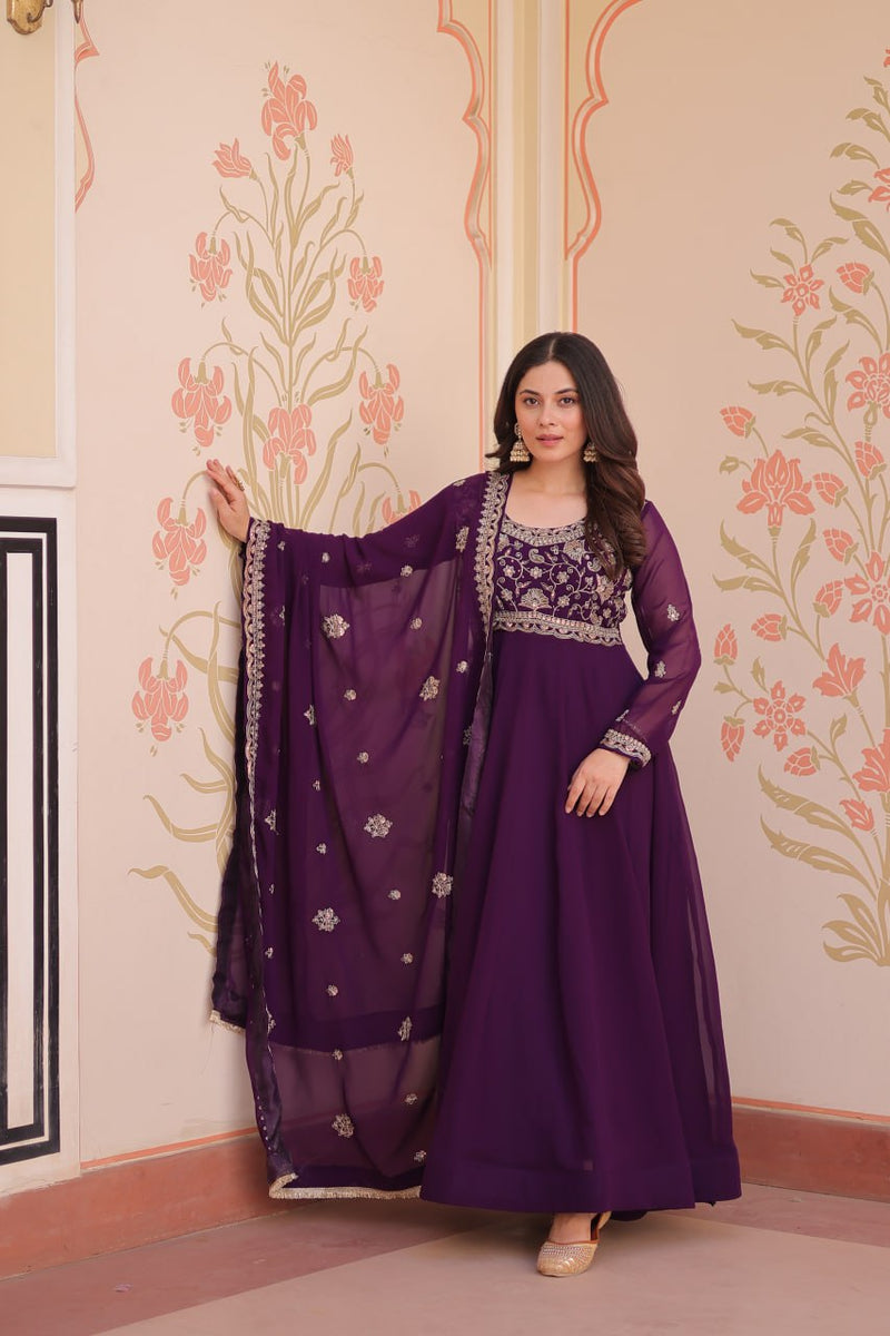 Womenline Purpel Color Faux Blooming Designer Gown