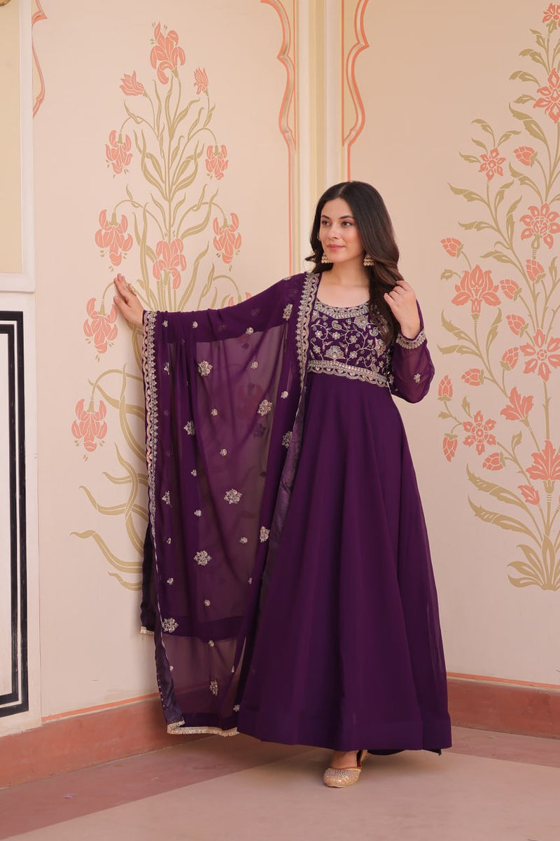 Womenline Purpel Color Faux Blooming Designer Gown