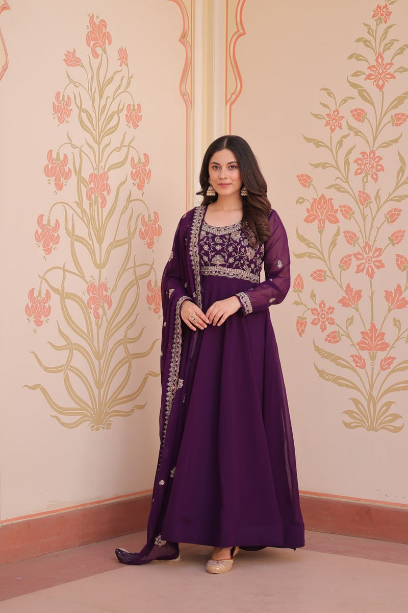 Womenline Purpel Color Faux Blooming Designer Gown