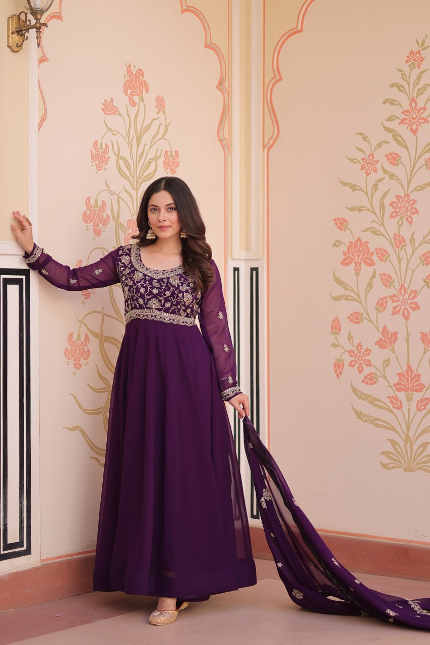 Womenline Purpel Color Faux Blooming Designer Gown