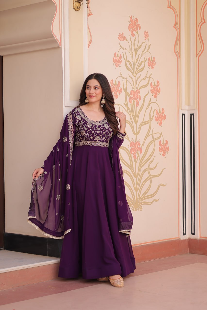 Womenline Purpel Color Faux Blooming Designer Gown