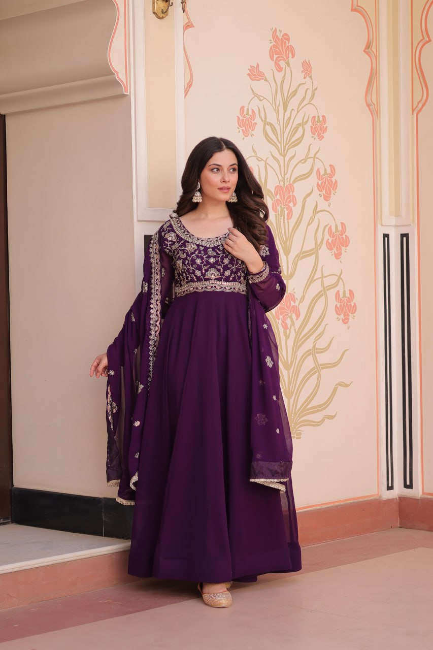 Womenline Purpel Color Faux Blooming Designer Gown