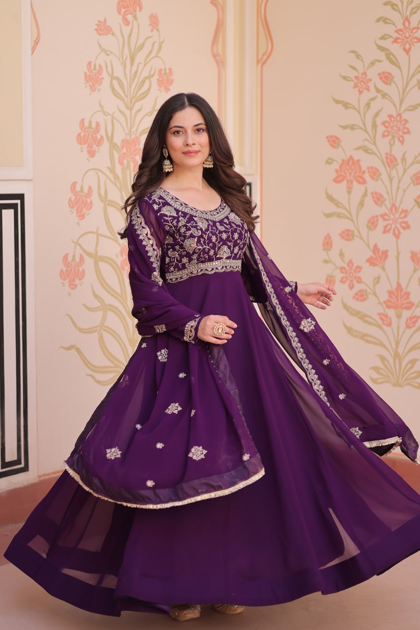 Womenline Purpel Color Faux Blooming Designer Gown