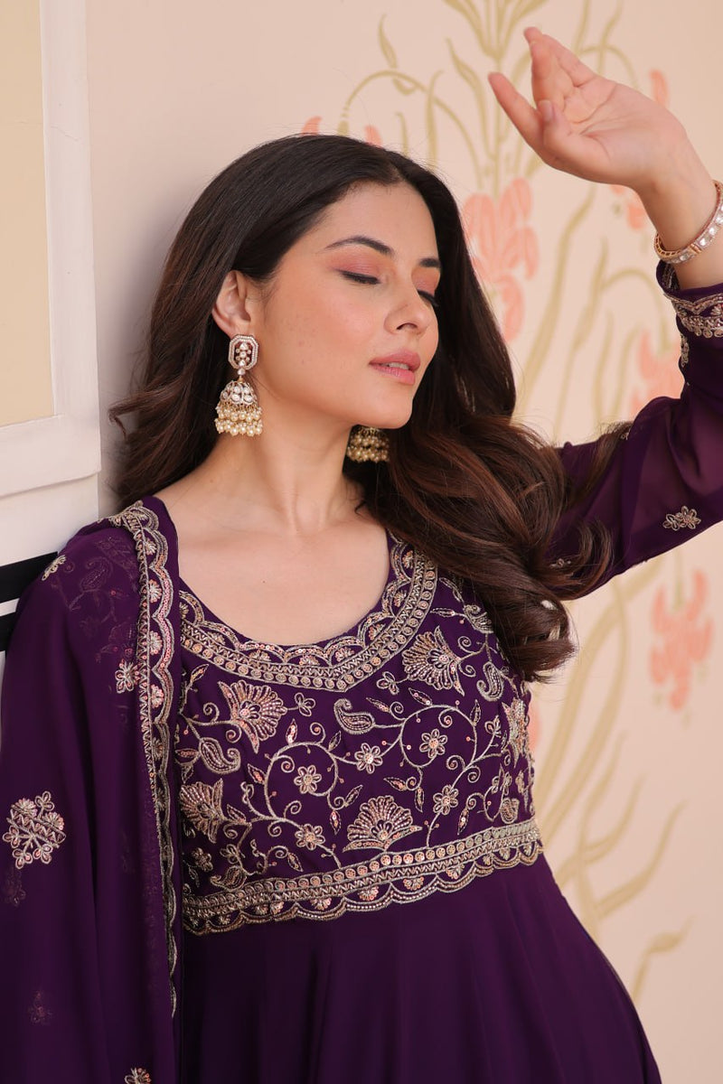 Womenline Purpel Color Faux Blooming Designer Gown