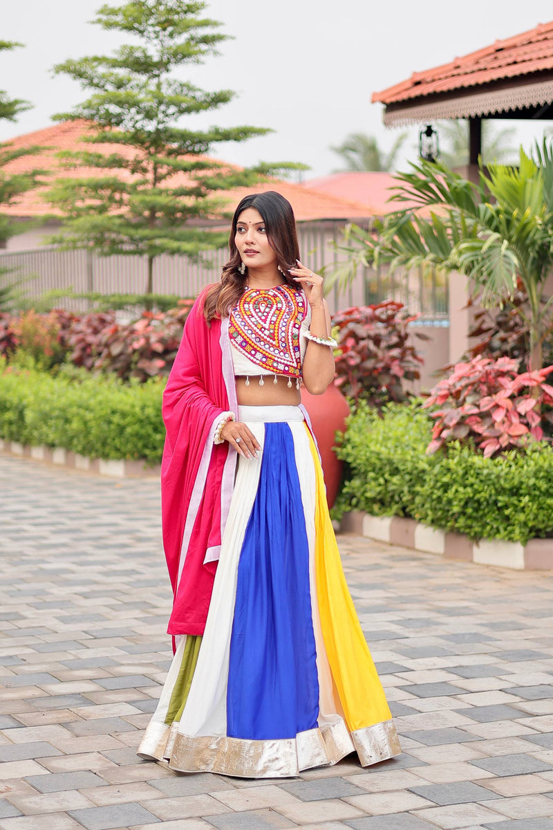 Womenline Multi Colour Gamthi Work and Mirror Lehenga Choli