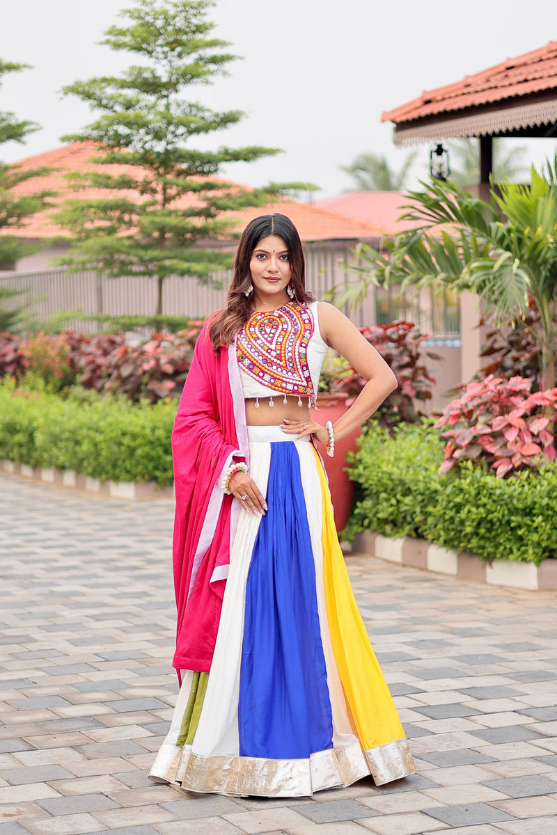 Womenline Multi Colour Gamthi Work and Mirror Lehenga Choli