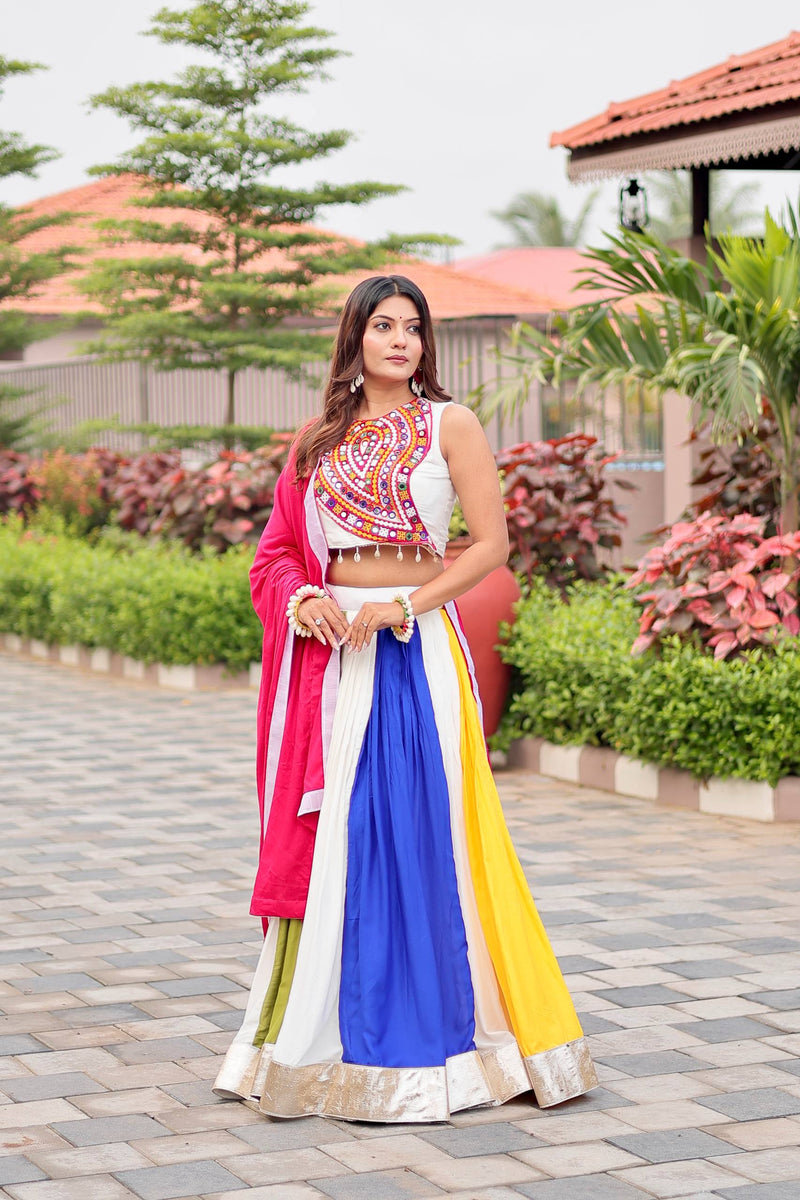 Womenline Multi Colour Gamthi Work and Mirror Lehenga Choli