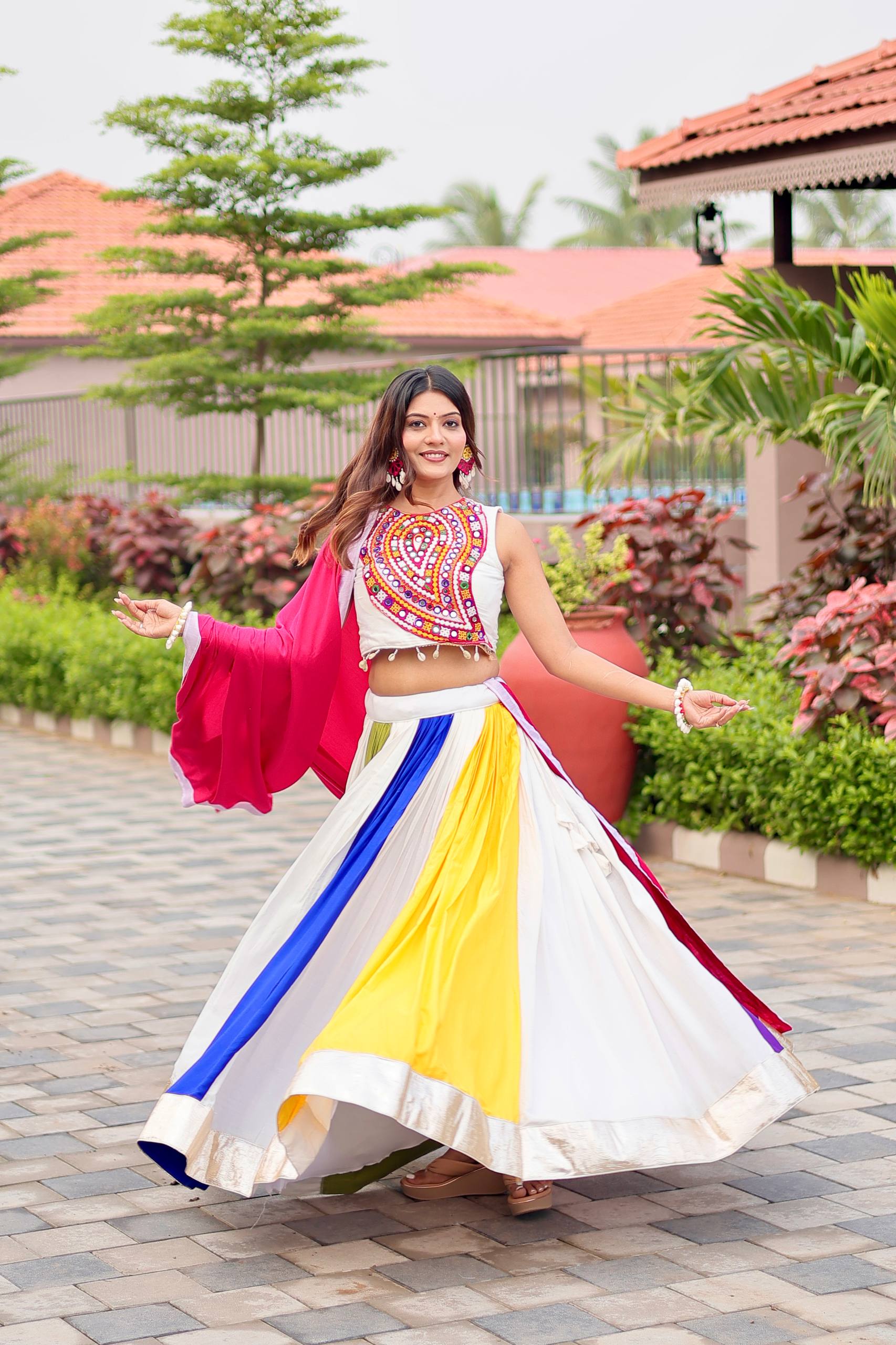 Womenline Multi Colour Gamthi Work and Mirror Lehenga Choli