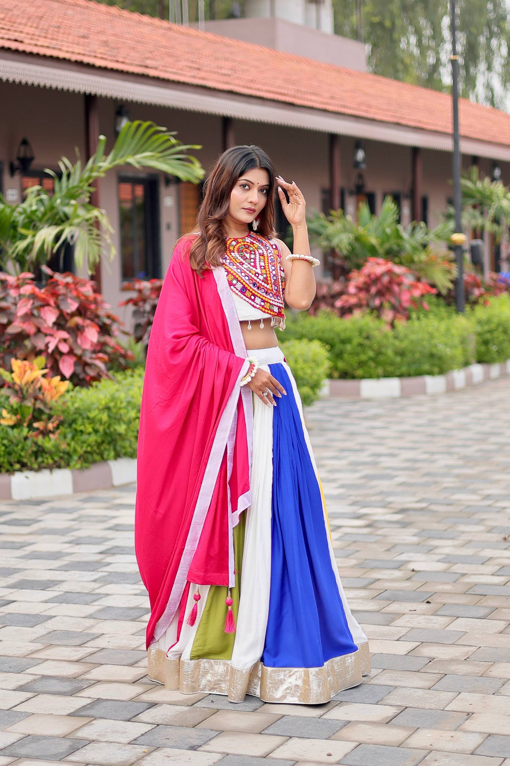 Womenline Multi Colour Gamthi Work and Mirror Lehenga Choli