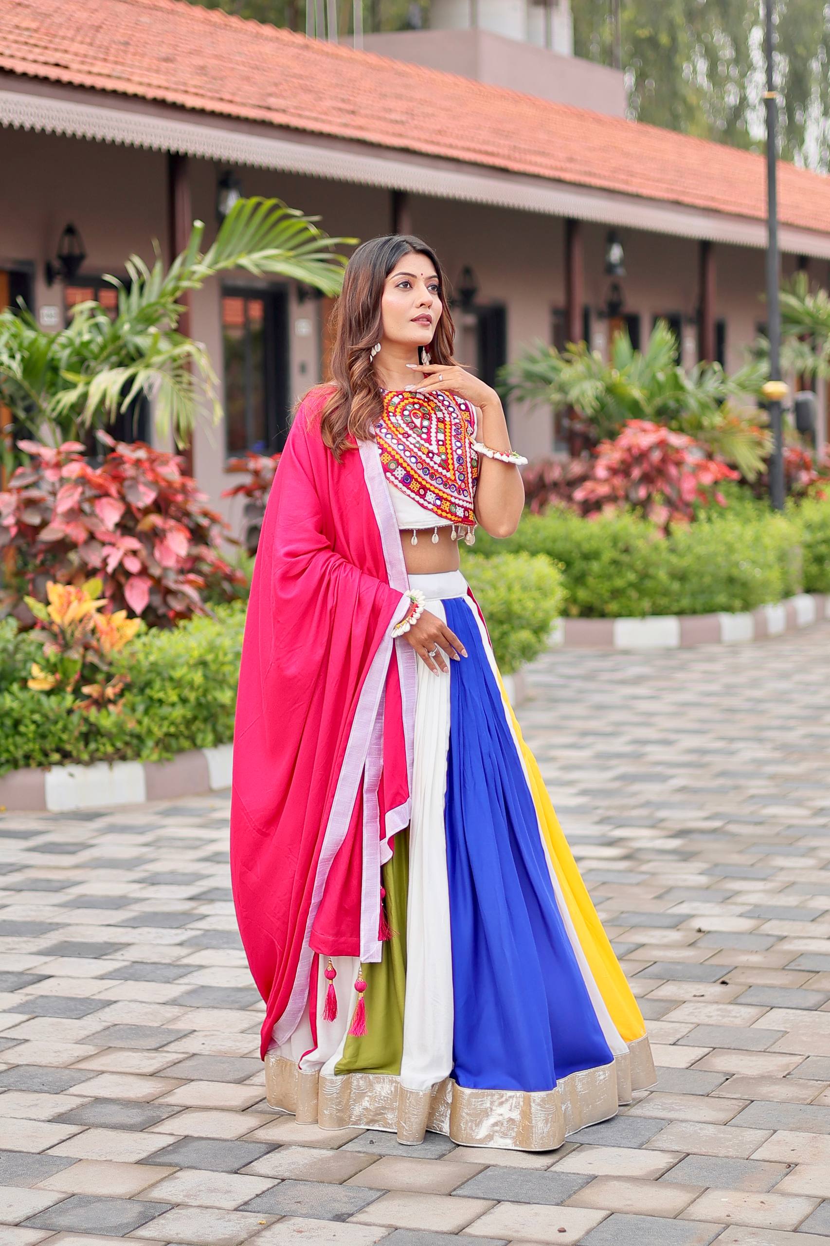 Womenline Multi Colour Gamthi Work and Mirror Lehenga Choli