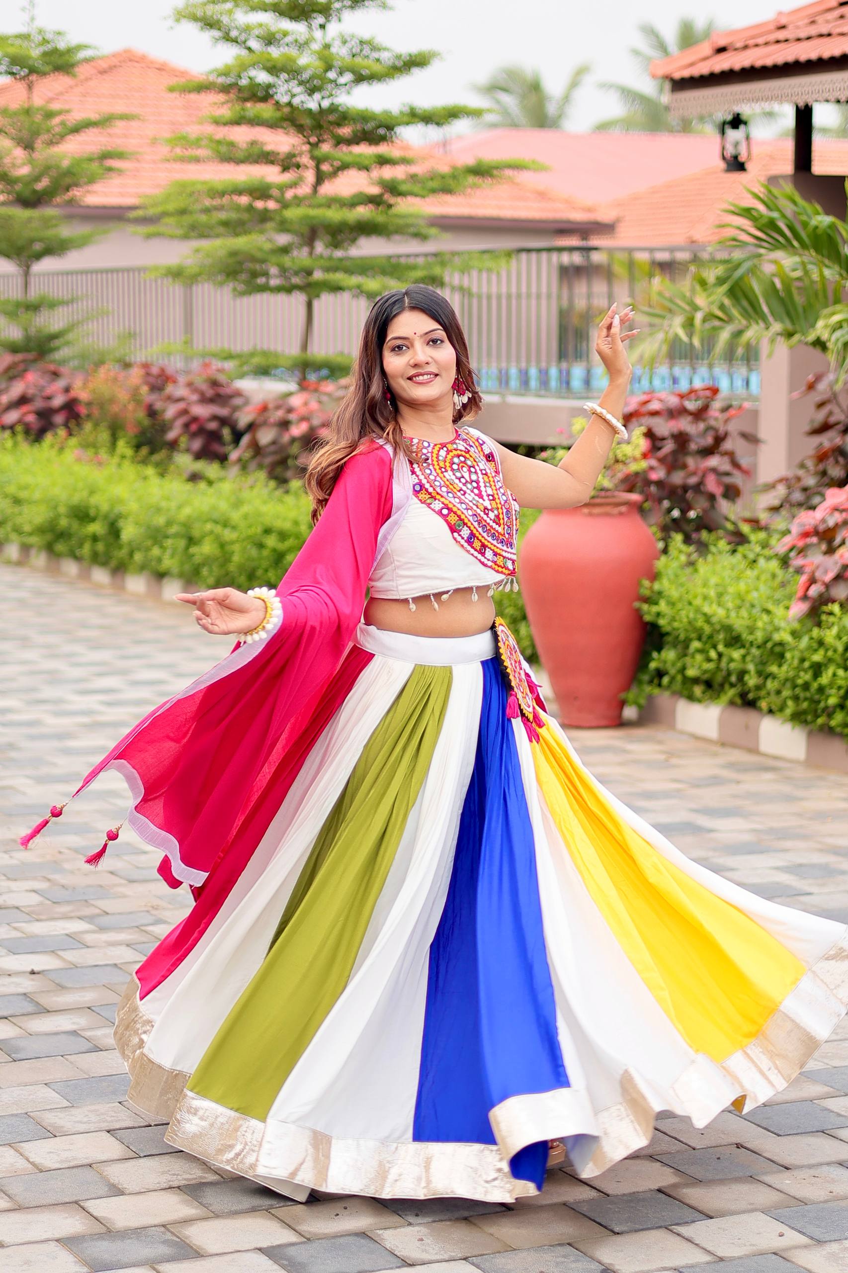 Womenline Multi Colour Gamthi Work and Mirror Lehenga Choli