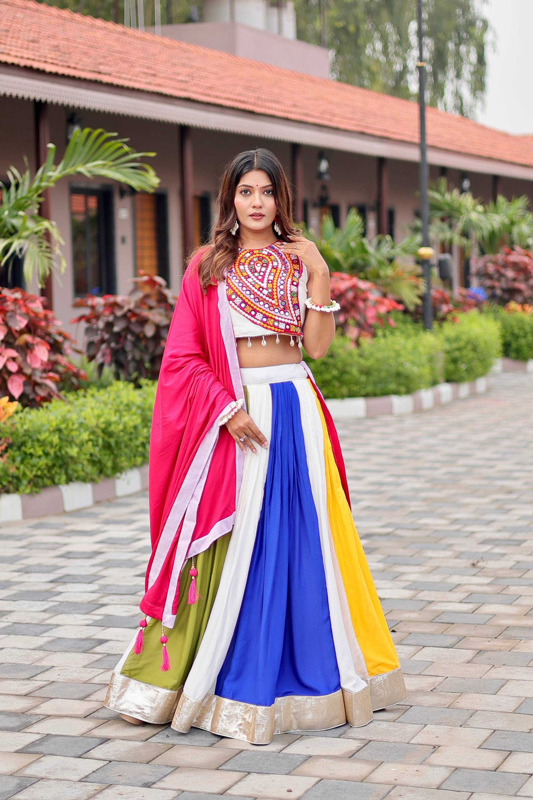 Womenline Multi Colour Gamthi Work and Mirror Lehenga Choli