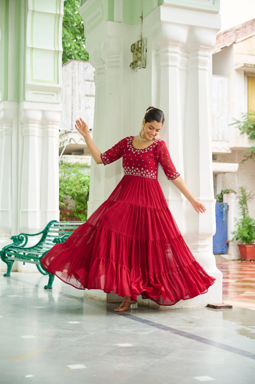 Womenline Maroon Color Faux Blooming with Beads embroidery-work