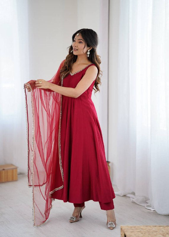 Womenline Maroon Color Chanderi Pure Roman Silk Anarkali Suit