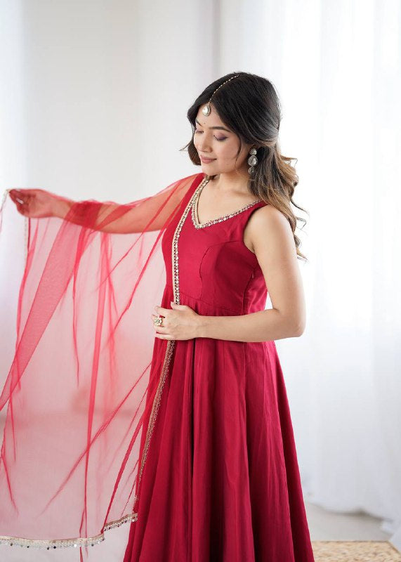 Womenline Maroon Color Chanderi Pure Roman Silk Anarkali Suit