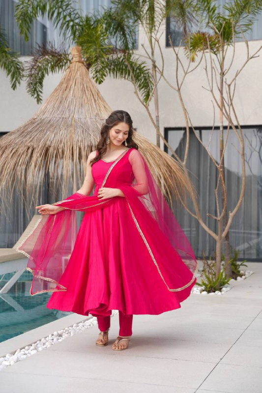 Womenline Rani Pink Color Chanderi Pure Roman Silk Anarkali Suit