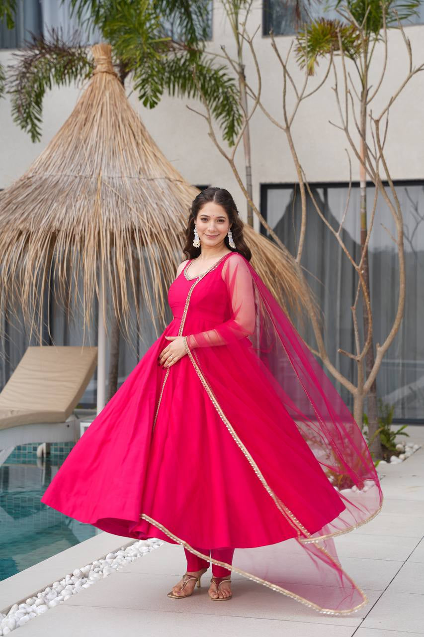 Womenline Rani Pink Color Chanderi Pure Roman Silk Anarkali Suit