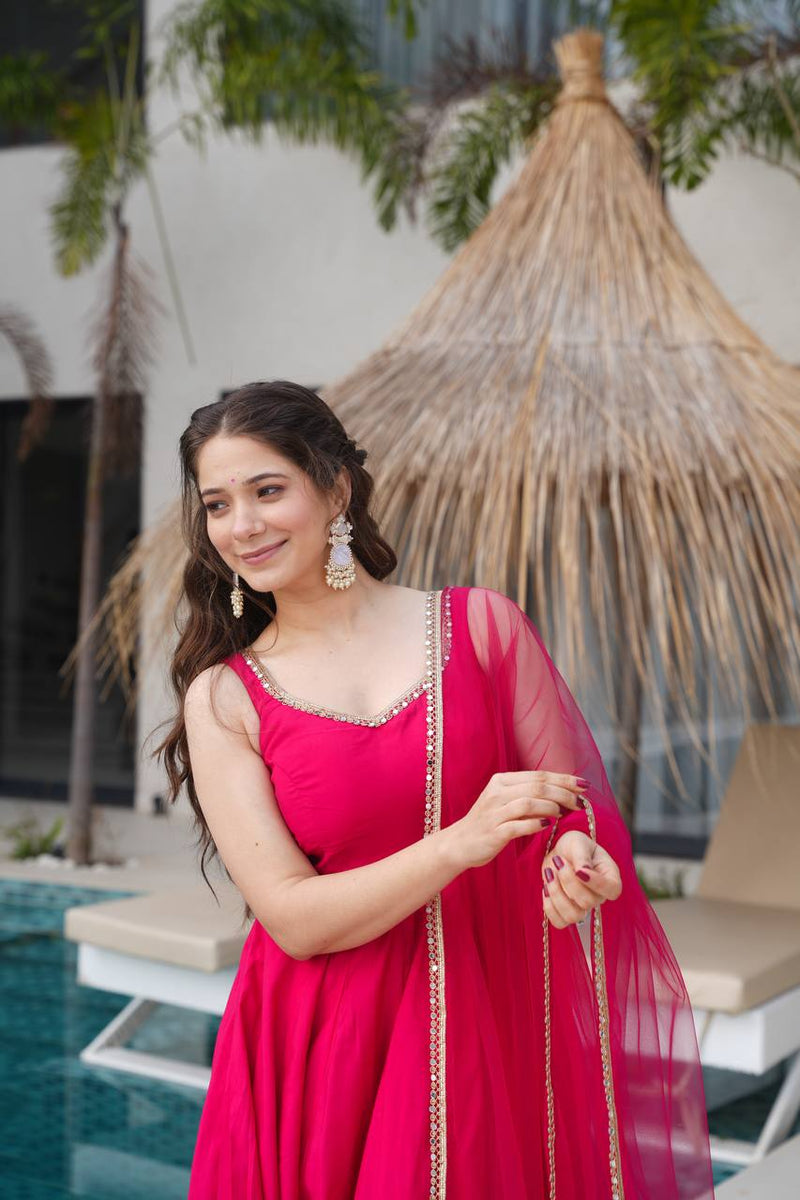 Womenline Rani Pink Color Chanderi Pure Roman Silk Anarkali Suit