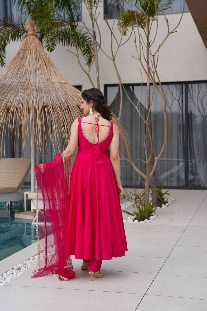 Womenline Rani Pink Color Chanderi Pure Roman Silk Anarkali Suit