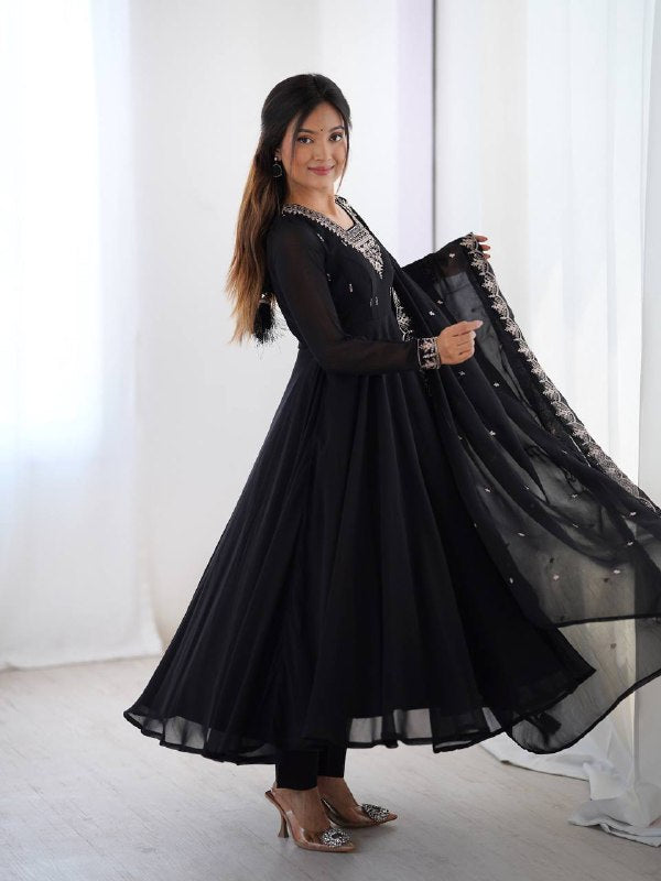 WomenLine Black Color Georgette Embroidered Three Piece Anarkali Suit