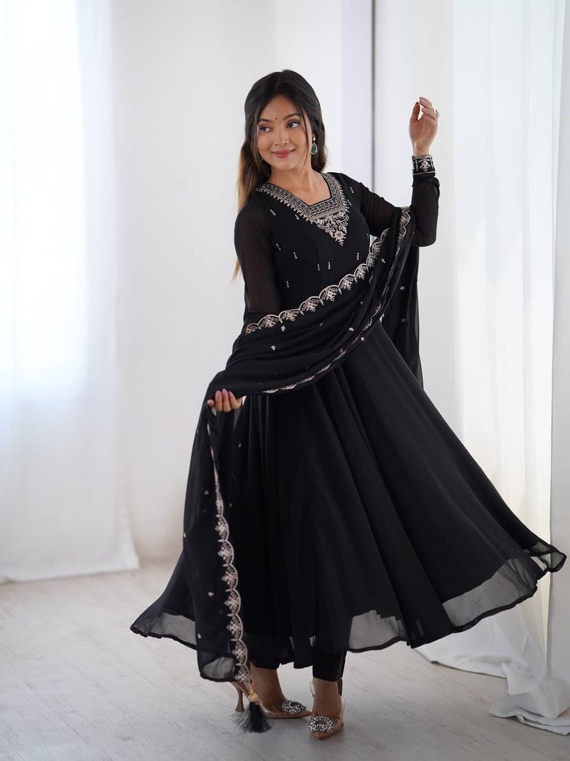 WomenLine Black Color Georgette Embroidered Three Piece Anarkali Suit