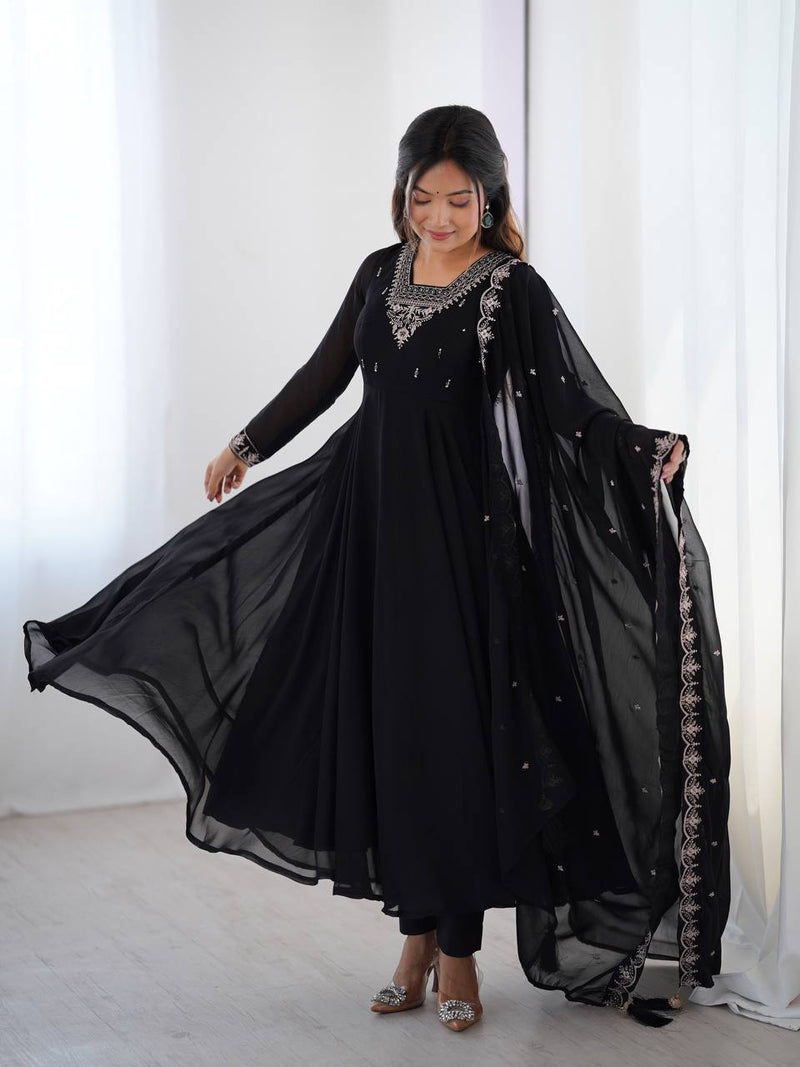 WomenLine Black Color Georgette Embroidered Three Piece Anarkali Suit