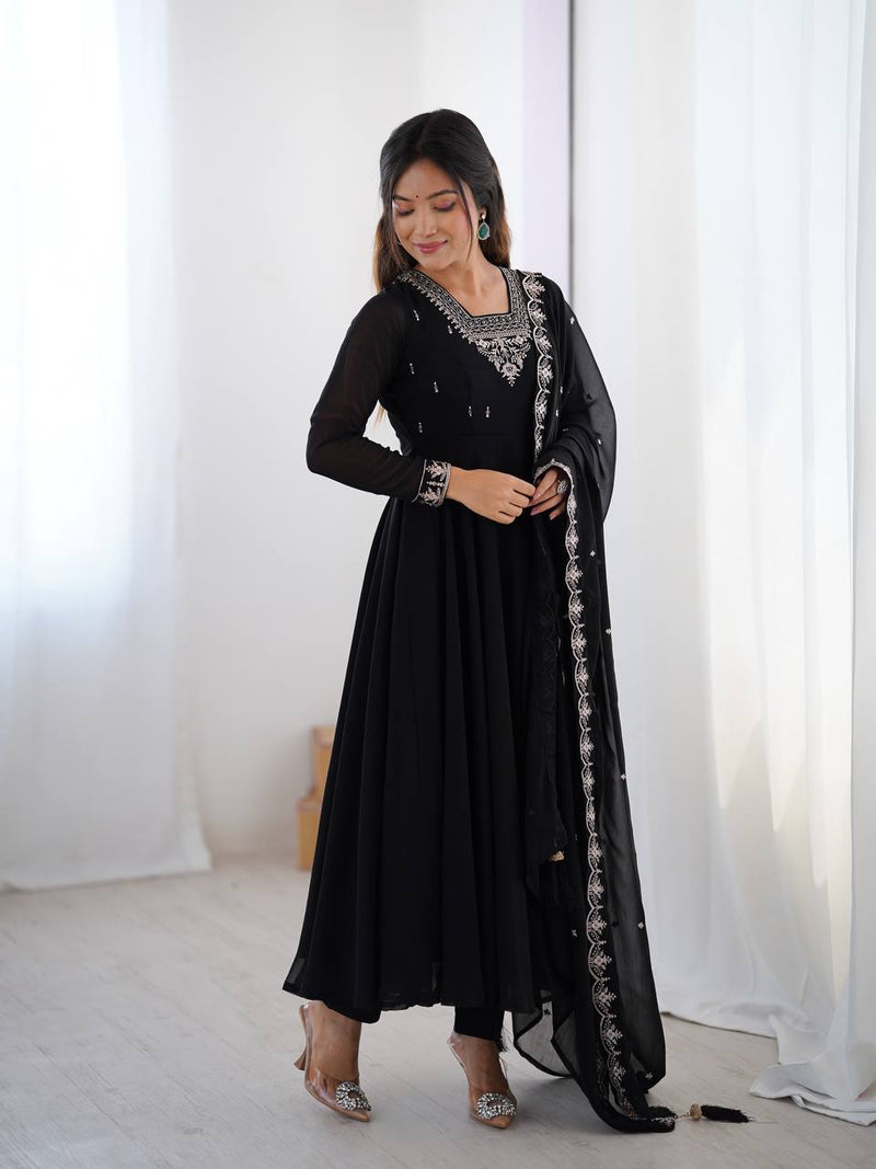 WomenLine Black Color Georgette Embroidered Three Piece Anarkali Suit
