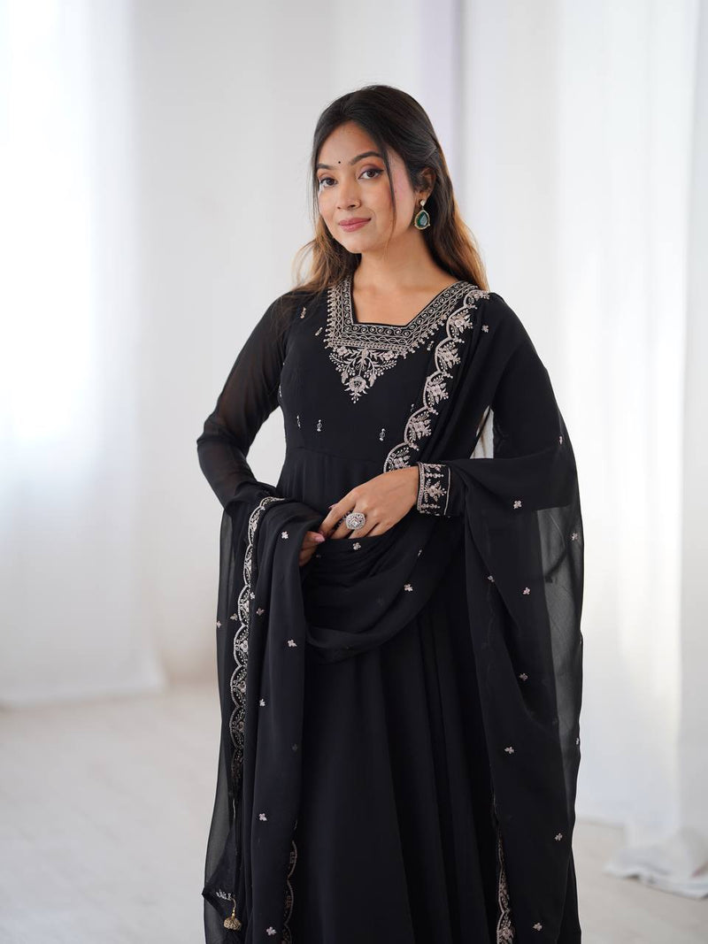 WomenLine Black Color Georgette Embroidered Three Piece Anarkali Suit
