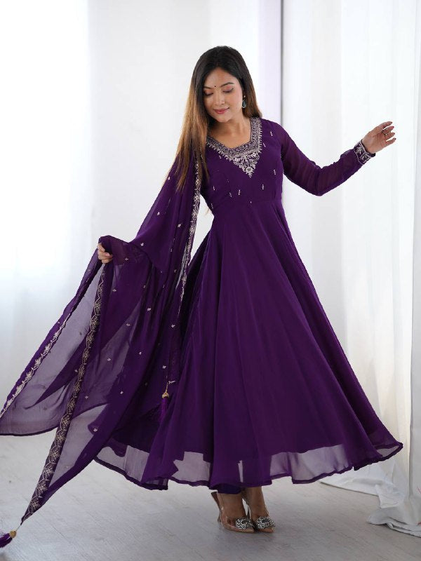 Womenline Purple Color Georgette Embroidered Three Piece Anarkali Suit