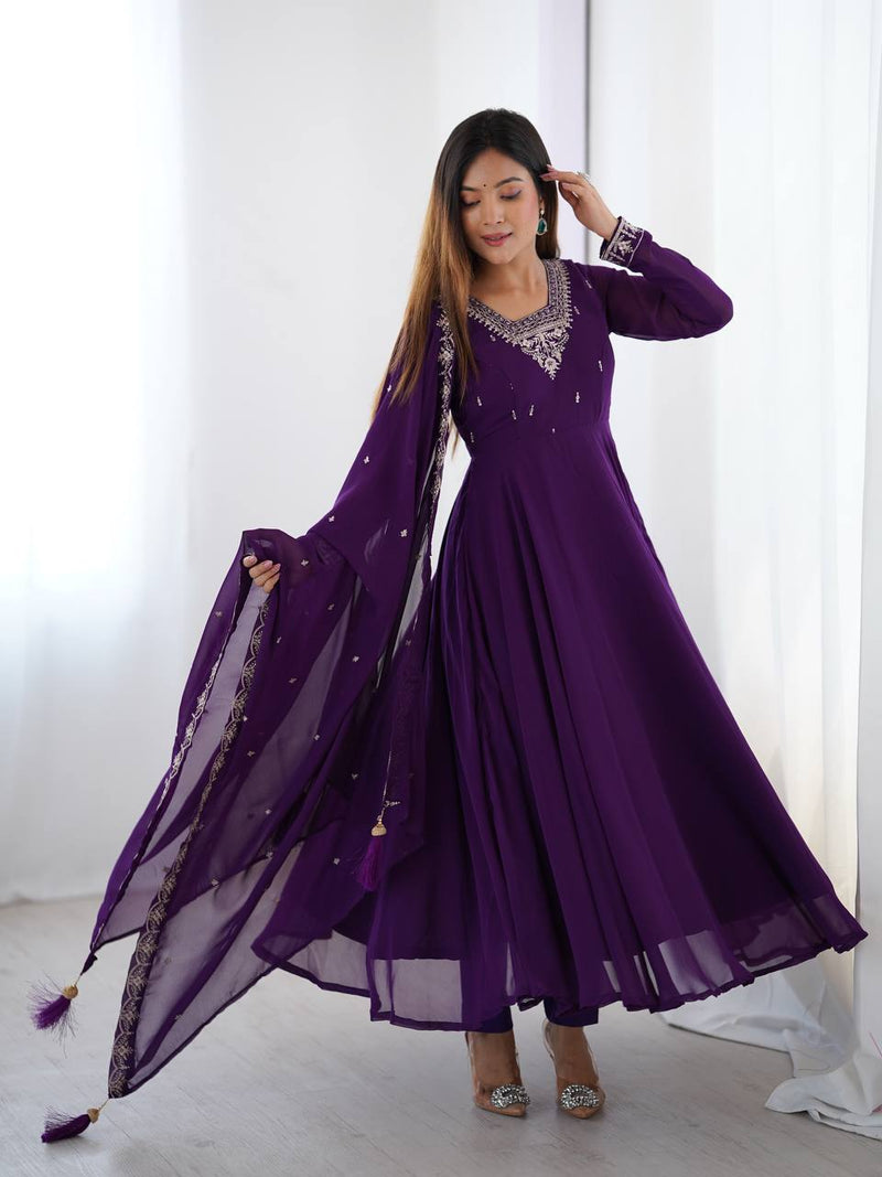 Womenline Purple Color Georgette Embroidered Three Piece Anarkali Suit
