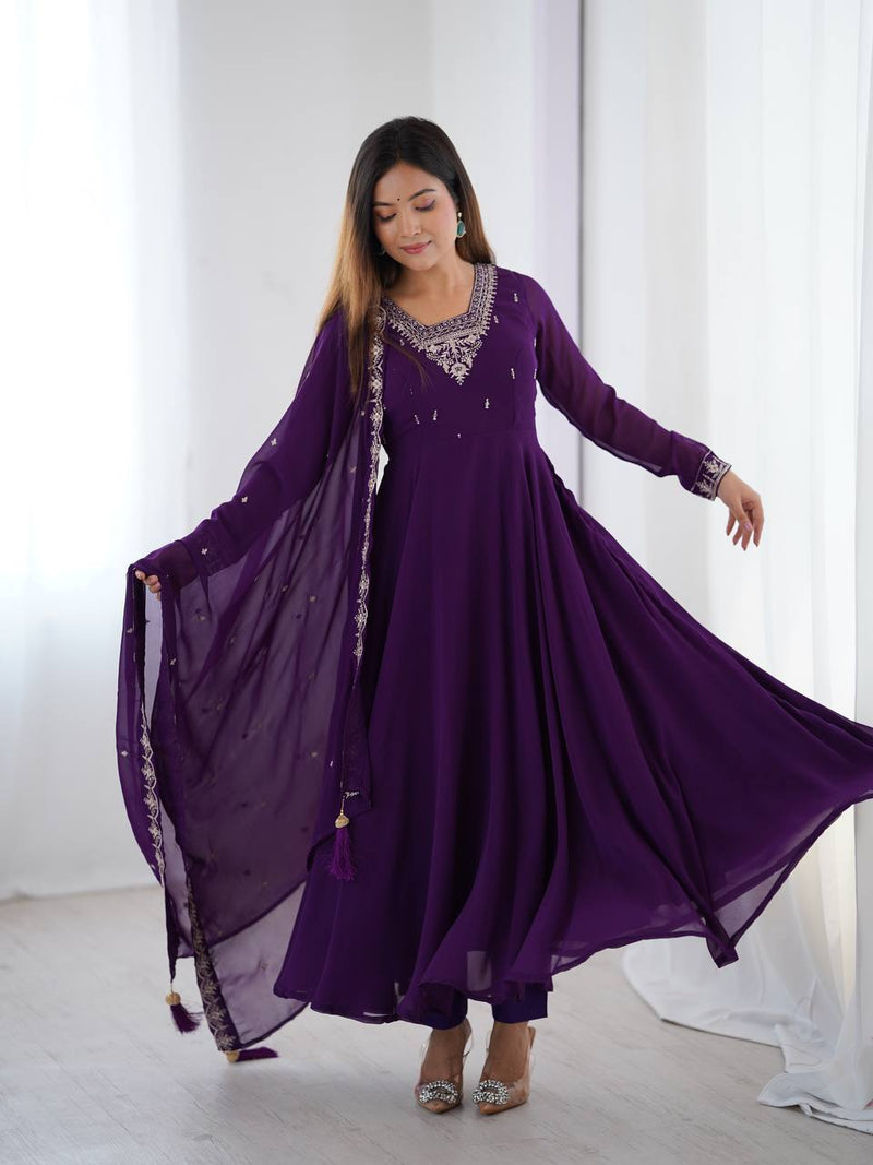 Womenline Purple Color Georgette Embroidered Three Piece Anarkali Suit