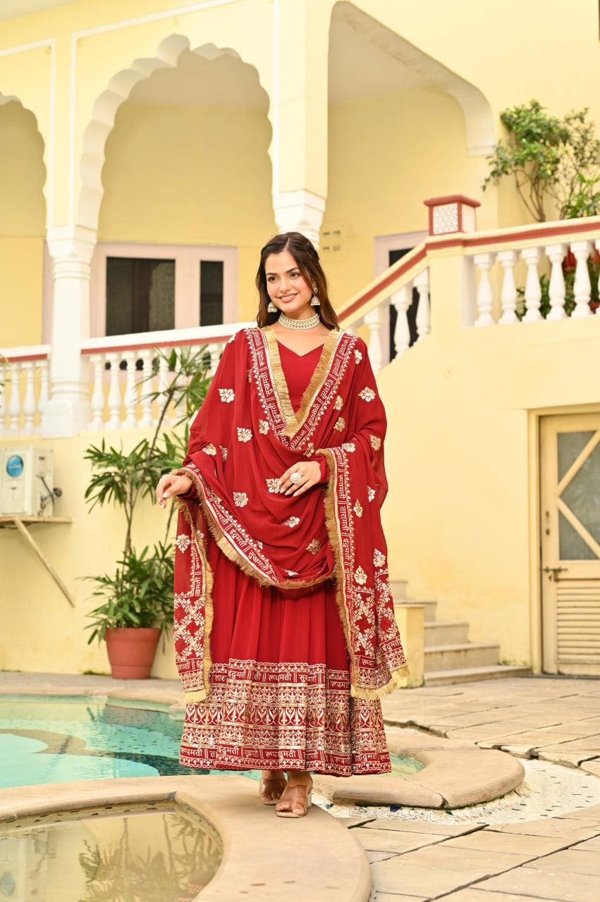 Womenline Red Color Faux Blooming with Embroidery Zari Sequins-work