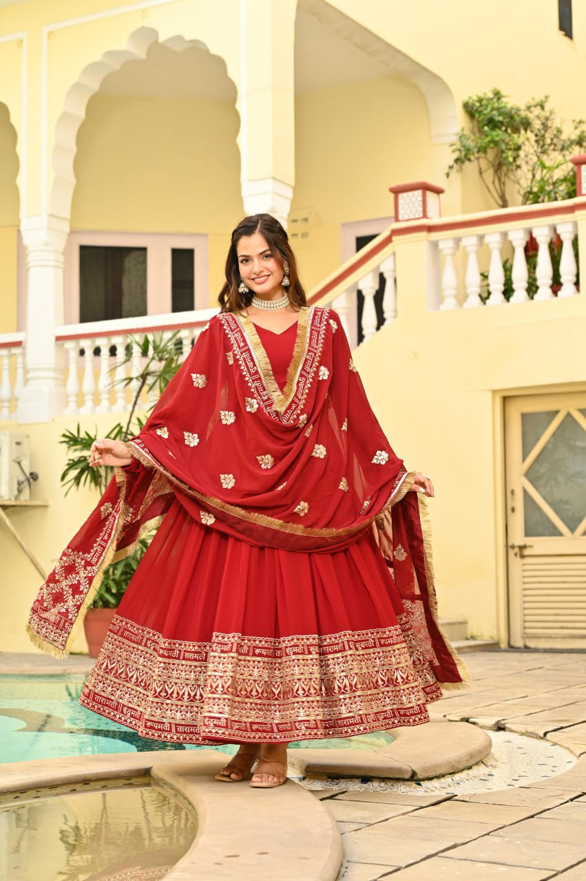 Womenline Red Color Faux Blooming with Embroidery Zari Sequins-work